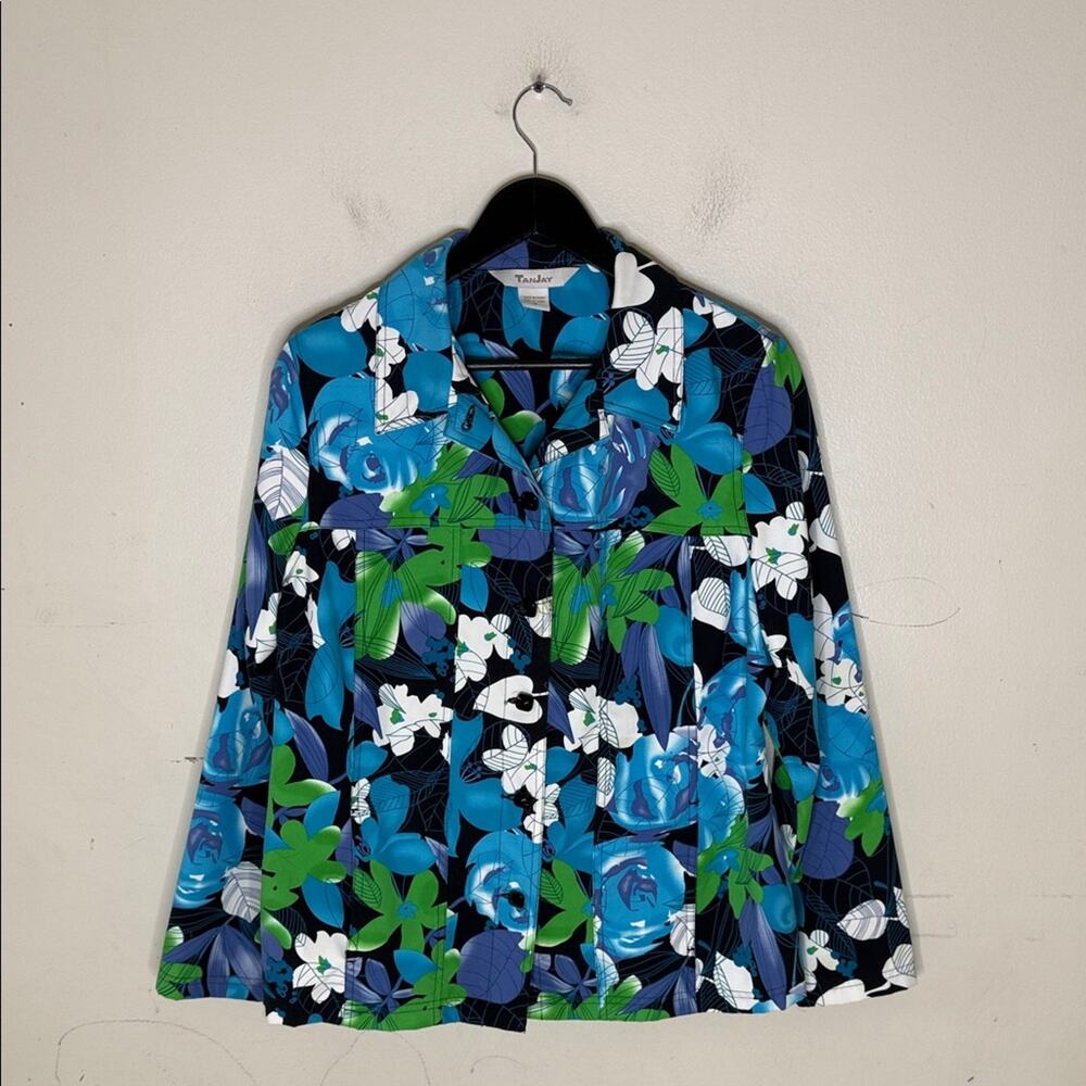 TanJay Blue and Black Leaf Print Button Front Jacket Size Medium